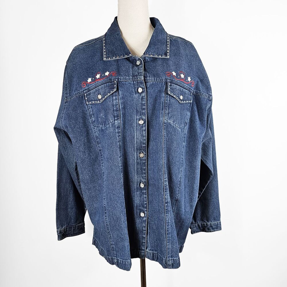 Susan Graver 2X Embroidered Red White and Blue Denim Jacket